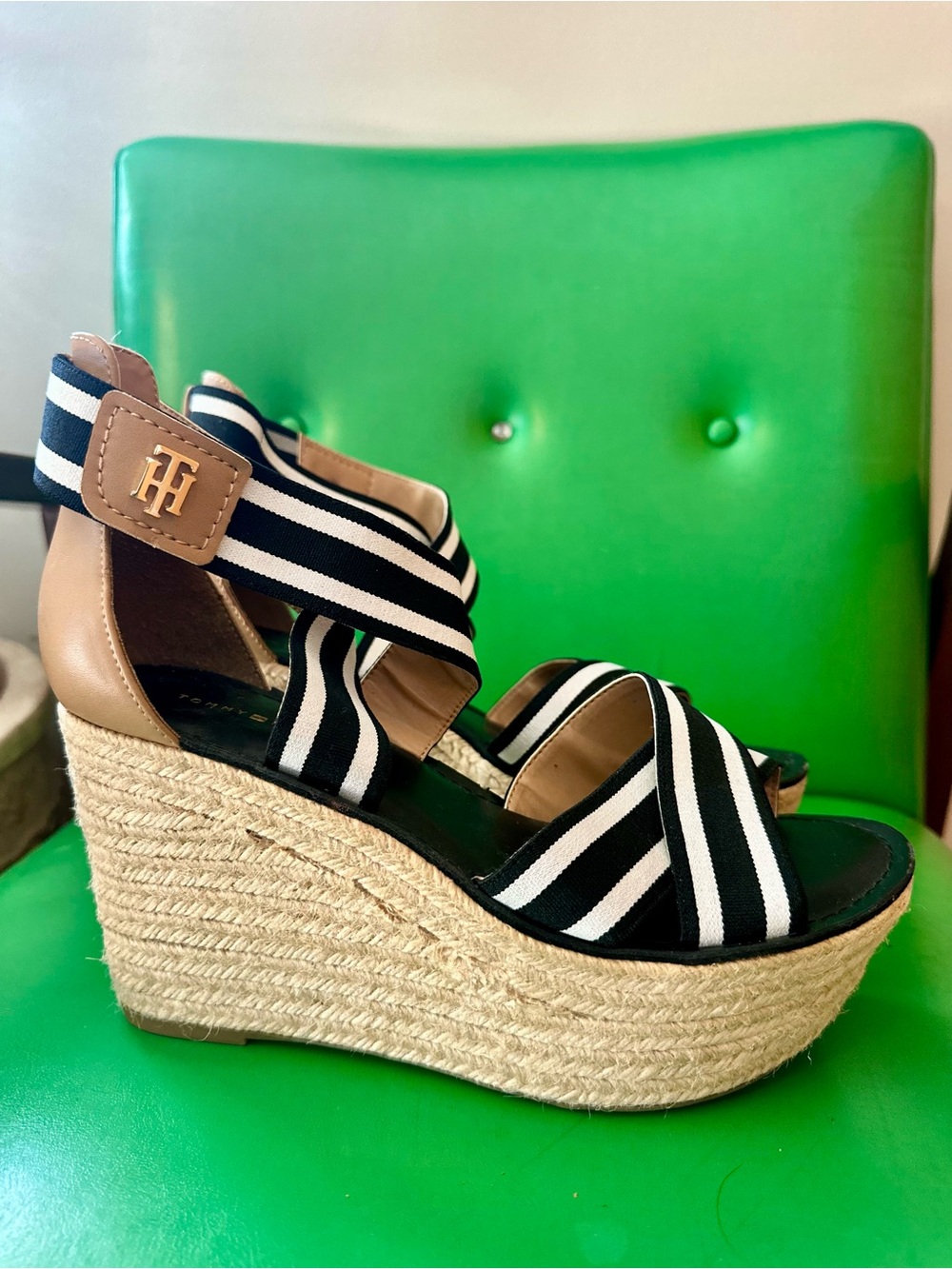 Tommy Hilfiger Black & White Striped Wedge Espadrille Sandals with Tan Accents